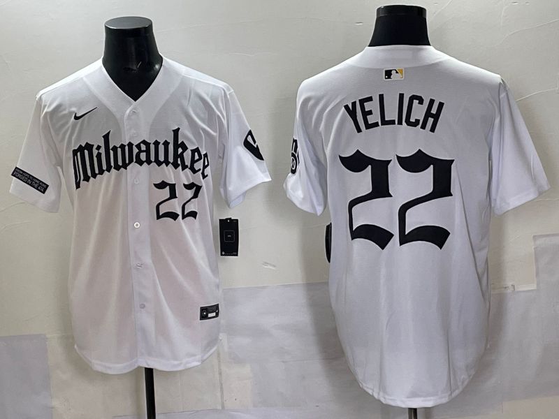 Men 2025 Milwaukee Brewers #22 Yelich White Five generations Joint Name Nike MLB Jersey style 02->new york mets->MLB Jersey